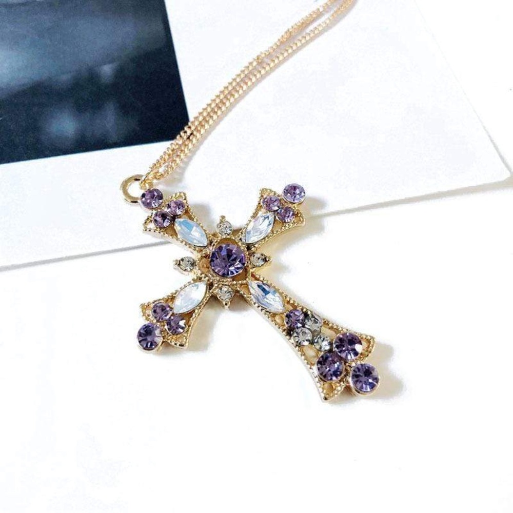 Womens Gold Chain Necklace Gold & Purple Cross Pendant - Picture 4 of 5